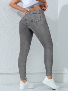 Flexra Plus Size Women Casual Elastic Fitted Black Denim Jeans - Light Grey - View 2