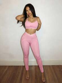 Slaydiva 早春新款，春夏音乐节、情人节、复活节休闲简约基础款Y2K街头甜美畅销款，日常约会、辣妹风、性感运动风、返校季，吊带超短背心+交叉腰紧身裤，饰有线条装饰的长裤，粉色套装，女士两件套 -A - 粉色 - 查看 12