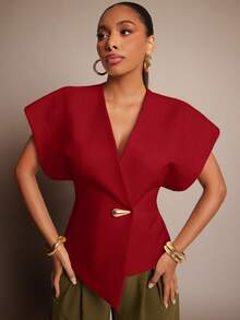 Vixey Solid Textured Woven Asymmetrical Hem Single Button Waistcoat Top - Red - View 4