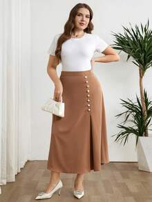 Modelyn Plus Size Women Solid Color Elastic Waist Faux Pearl Decor Casual Skirt - Pale Yellow - View 8