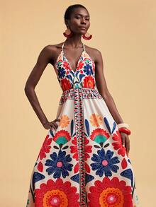 Travachic 女士印花V领连衣裙，性感高开衩沙滩度假裙，休闲波西米亚风约会连衣裙，春夏秋季 - 彩色 - 查看 4