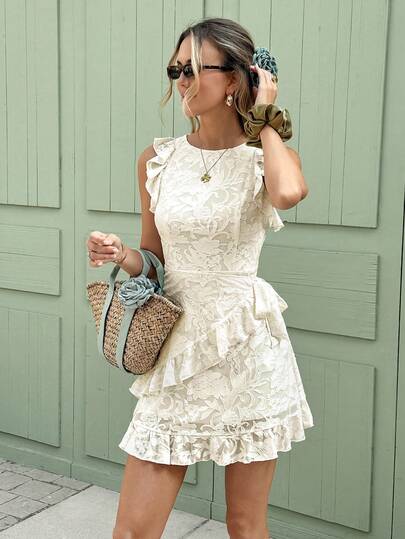 SHEIN Frenchy 女士纯色荷叶边扭结圆领修身迷你连衣裙