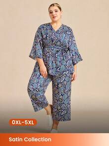 LUVLETTE 大码女士四季佩斯利花纹睡衣 - 宽松缎面和服套装，腰部系带，春夏秋冬四季皆宜 - 粉色 - 查看 2