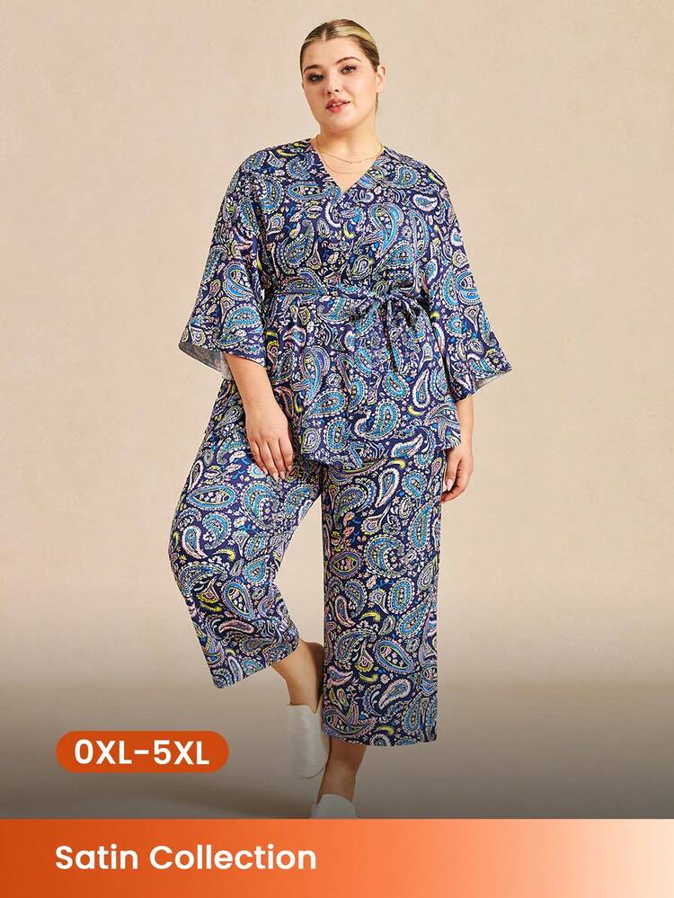 Pijama de satén con estampado de paisley para mujer de talla grande - Conjunto de kimono de corte holgado con cinturón en la cintura, cómodo para primavera/verano/otoño/invierno