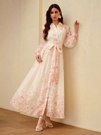 ZEYLAH Women's Floral Print Long Sleeve Single-Breasted Elegant Shirt Dress