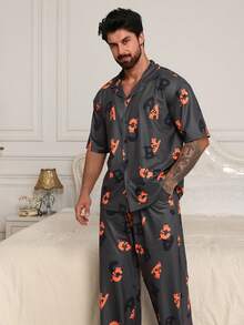 DAZY Men's Short Sleeve Top And Long Pants Floral Pajama Set, Spring/Summer - Multicolor - View 3