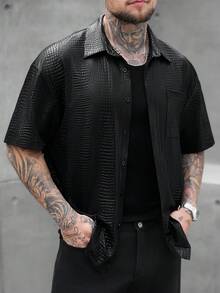 SLATEMANN 男士休闲鳄鱼纹压花短袖衬衫，夏季男士蛇纹印花衬衫，男士纽扣衬衫，男士纹理衬衫，男士短袖衬衫，男士鳄鱼纹压花衬衫，复古风格，适合日常休闲、周末旅行、户外活动、探险旅行、轻松的工作环境或半正式场合，可作为男友/丈夫礼物、周年纪念/生日礼物、派对、夏季假期、婚礼、春夏男士嘻哈短裤套装 - 黑色 - 查看 5