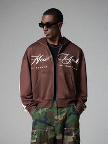 STYNVO Men's Striped & Numeric Print Hooded Zip-Up Long Sleeve Sweatshirt Sweatshirt - Brown - View 2