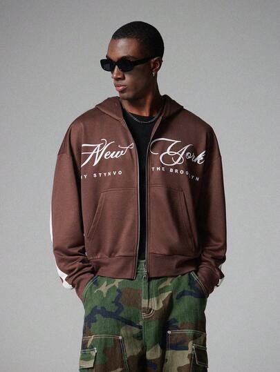 STYNVO Men's Striped & Numeric Print Hooded Zip-Up Long Sleeve Sweatshirt Sweatshirt Men's Graphic Hoodie 1977 Hoodie Brown Graphic Hoodie Cropped Graphic Hoodie Men's Brown Hoodie