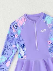 SHEIN 少女比基尼泳装，紫色针织面料，长袖上衣搭配长裤和拉链半身裙两件套，款式端庄保守，时尚优雅休闲，适合游泳、夏季度假、海滩、泳池、节日派对等场合。 - 紫色 - 查看 5