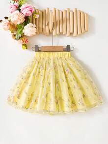Souflis Souflis 少女浅黄色刺绣薄纱蝴蝶结腰裙，适合日常穿着，甜美可爱，优雅假日风情 - 黃色 - 查看 2