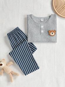 Young BoyCute Bear Pattern Embroidered Collar Open Front Loungewear Set - Multicolor - View 3