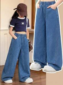 Girls' Wide Leg Jeans, All-Match Minimalist Versatile Elastic Waist Loose Fit, Comfortable All-Season Staple Item - Dark Wash - View 3