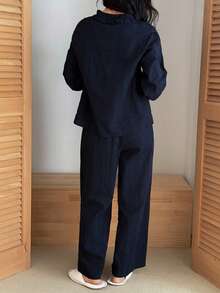 DAZY Conjunto de pijama de mujer con cuello de volantes fruncidos de tela con textura de lunares - Azul - Ver 2