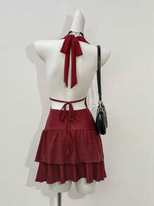 Jeanoix Women's Sexy Solid Color Ruffle Hem Halter Neck Dress - Burgundy - View 2