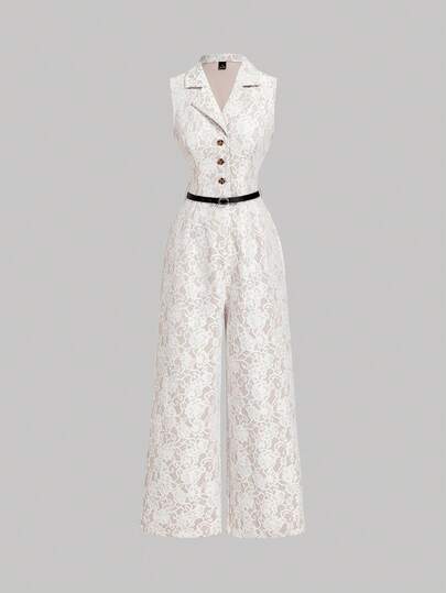 SHEIN MOD Women's Elegant Commuter Lace Collared Sleeveless Jumpsuit, Summer