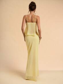 SHEIN BAE 2pcs/Set Women's Solid Yellow Backless Tie Strap Ruffle Camisole Top & Low Waist Skirt, Textured Pleated Beach Resort Outfit, Summer Yellow Set - Light Yellow - View 2