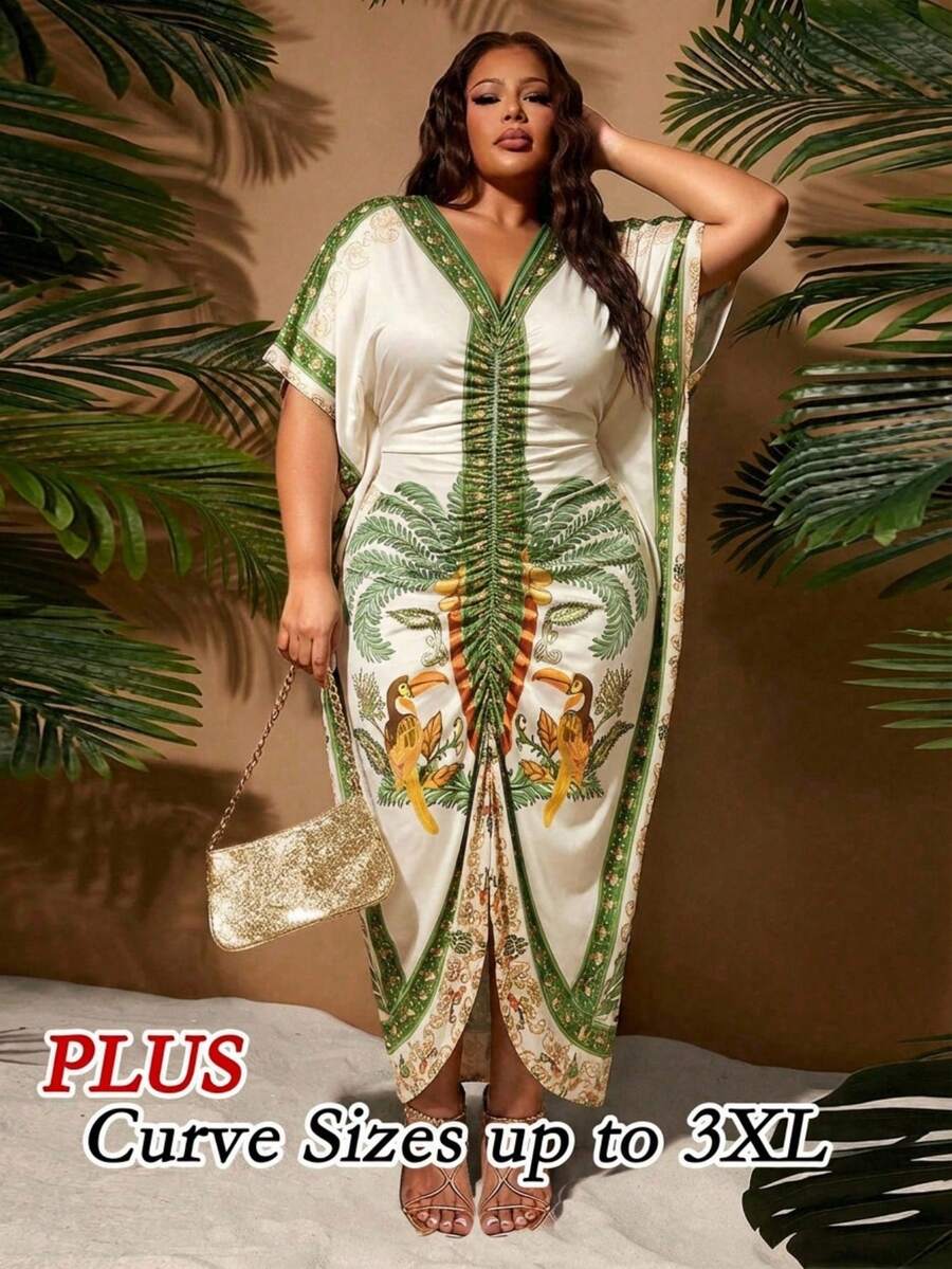 SHEIN SXY 大码热带印花收腰连衣裙，度假沙滩装 - 彩色 - 查看 1
