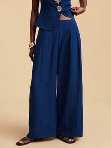 Travachic 女士纯色高腰褶皱阔腿宽松休闲裤 - 藏蓝色 - 查看 4