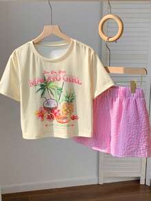 2 piezas Conjunto de ropa de casa casual de vacaciones, con motivos de fruta, árbol de coco, piña y de isla, con top de manga corta y shorts cómodos - Multicolor - Ver 4