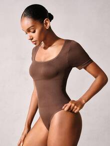 Veilyse 1pc Women's Solid Color Shapewear Bodysuit, Tummy Control Slimming Bodysuit, Tummy Control Bodysuitsfor Summer - Brown - View 4
