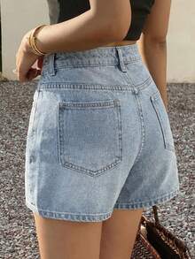 SHEIN 少女时尚休闲 Y2K 复古酷炫街头舒适无弹力闪亮水钻蓝色牛仔短裤日常春夏狂欢节和街头服饰 - 藍色 - 查看 2