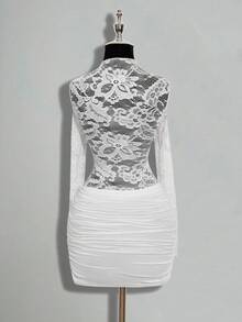 SHEIN ICON Women's Lace Patchwork Ruffle Elegant Date Party Mini Dress - White - View 2