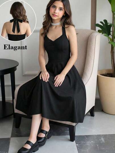 SHEIN 少女系带蝴蝶结针织黑色优雅连衣裙，派对装扮，少女风撞色蝴蝶结露肩迷你连衣裙，黑色，适合返校节、秋季/返校季、约会、派对、结婚纪念日、伴娘礼服、舞会、晚宴等场合，优雅别致，撞色蝴蝶结，拼接设计，背心，花园活动，通勤装扮，购物，生日派对，舞会及伴娘场合，圣诞派对礼服，冬季晚宴着装