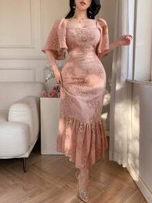 DAZY 女士优雅印花方领荷叶袖中长连衣裙，夏季婚礼宾客礼服，女士吊带裙 - 粉色 - 查看 8