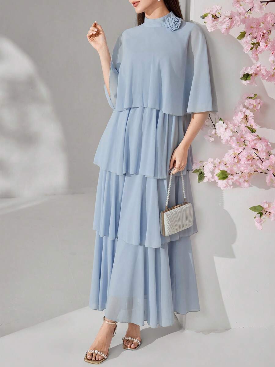 Veilorie Women's Solid Color Stand Collar 3D Floral Decor Multi-Tier Ruffle Hem Elegant Dress