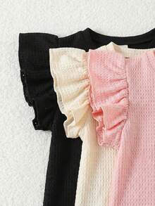 SHEIN 3件套女童纯色圆领荷叶边修身T恤套装 - 彩色 - 查看 5