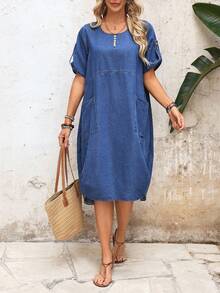 EMERY ROSE Women's Loose Everyday Denim Dress With Pockets - Medium Wash - View 5