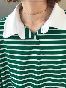 FRIFUL Camiseta de manga corta con cuello polo y media cremallera, de corte holgado y con rayas, con cuello en contraste, para verano - Verde - Ver 3