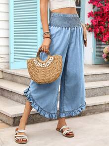 Vivid Eden 女士休闲弹力腰荷叶边阔腿牛仔裤 - 藍色 - 查看 6