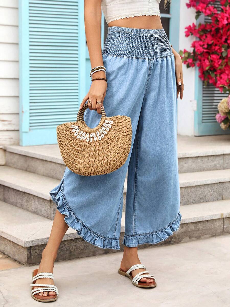 Vivid Eden 女士休闲弹力腰荷叶边阔腿牛仔裤 - 藍色 - 查看 1