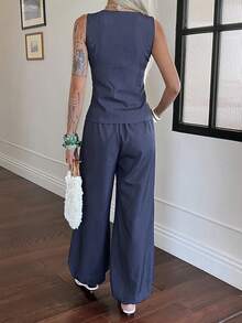 Livesso 春夏蓝色牛仔无袖开衫背心上衣，休闲办公商务套装直筒裤两件套，女士 - 藏蓝色 - 查看 6