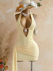 Soleia Sexy V-Neck Cross Decor Hollow Out Halter Backless Textured Fabric Multi-Layer Irregular Hem Mini Dress, Suitable For Party, Christmas, Date, Nightclub, Beach, Cruise, Afternoon Tea, Bohemian, Boho, Vacation, Fall Women Clothes, Vintage,Summer Yellow Halter Dress Yellow Sexy Dress Butter Yellow Dress Waffle Knit Dress , Outfit , Blue Dresses For Women Vacation Outfits Women Butter Yellow Mini Dress Halter Mini Dress,Summer Dress,Vacation Dress,Summer Outfit For Women , Festival Outfits, Graduation,Vacation Outfits Women, Yellow Dresses For Women,Work Outfits For Women , Beach Outfit For Women - Light Yellow - View 7