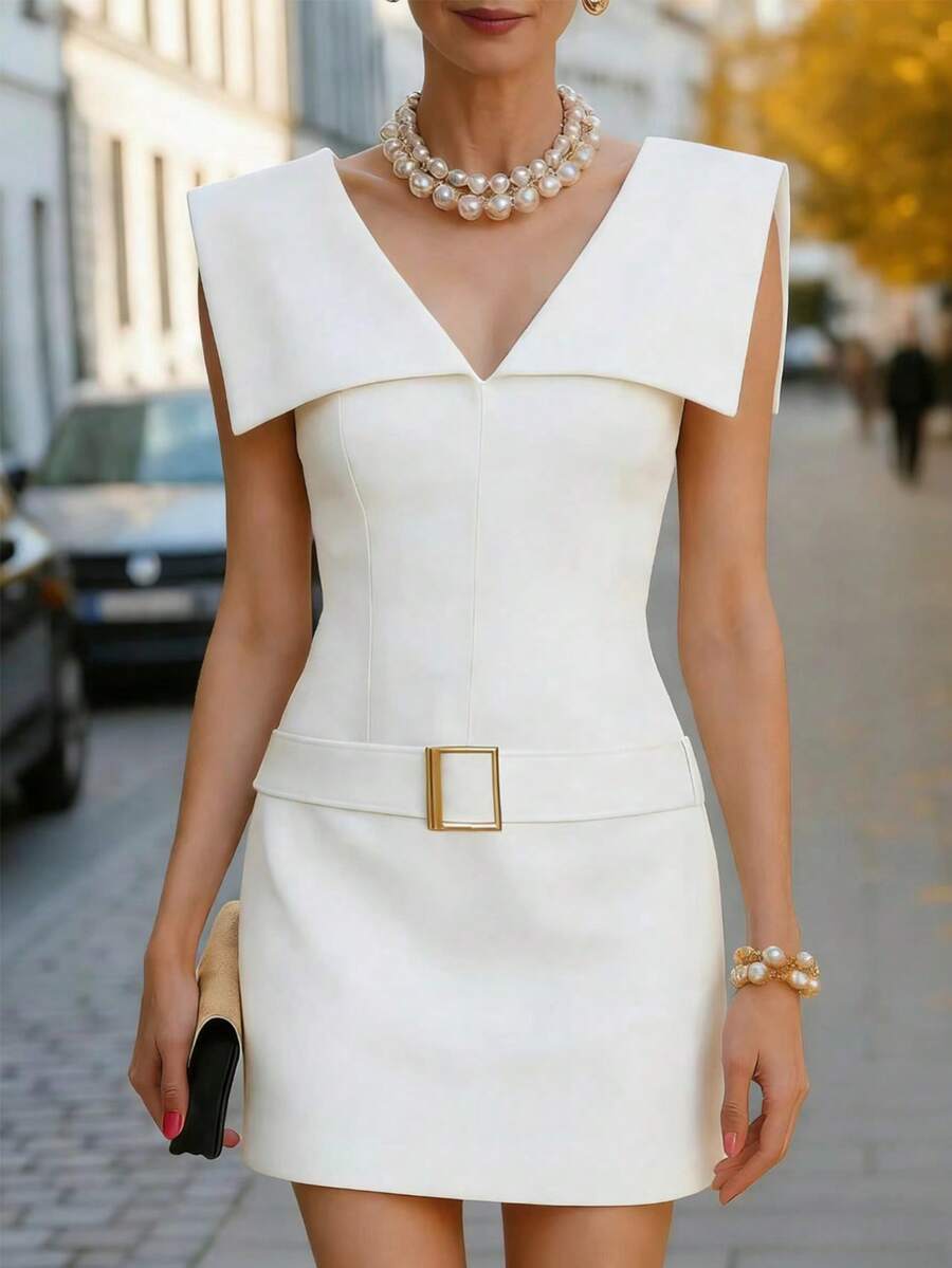 Balvessa Women's Elegant Solid Color V-Neck Sleeveless Mini Dress - White - View 1