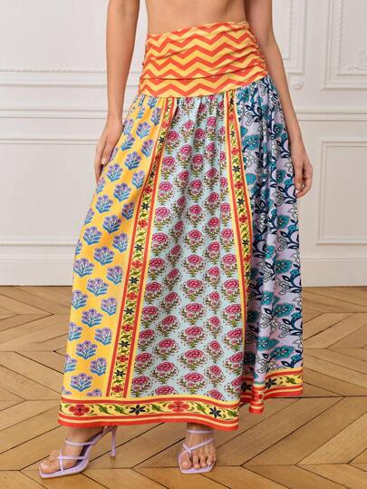 LOTSLUV 女士优雅撞色印花A字褶皱腰身半身裙，春夏款