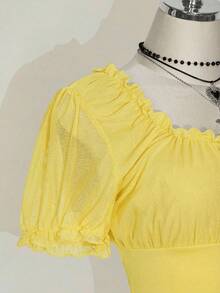 SHEIN ICON Plus Size Square Neck Ruffle Mesh Puff Sleeve T-Shirt, Sweet Summer Vacation T-Shirt - Pale Yellow - View 4