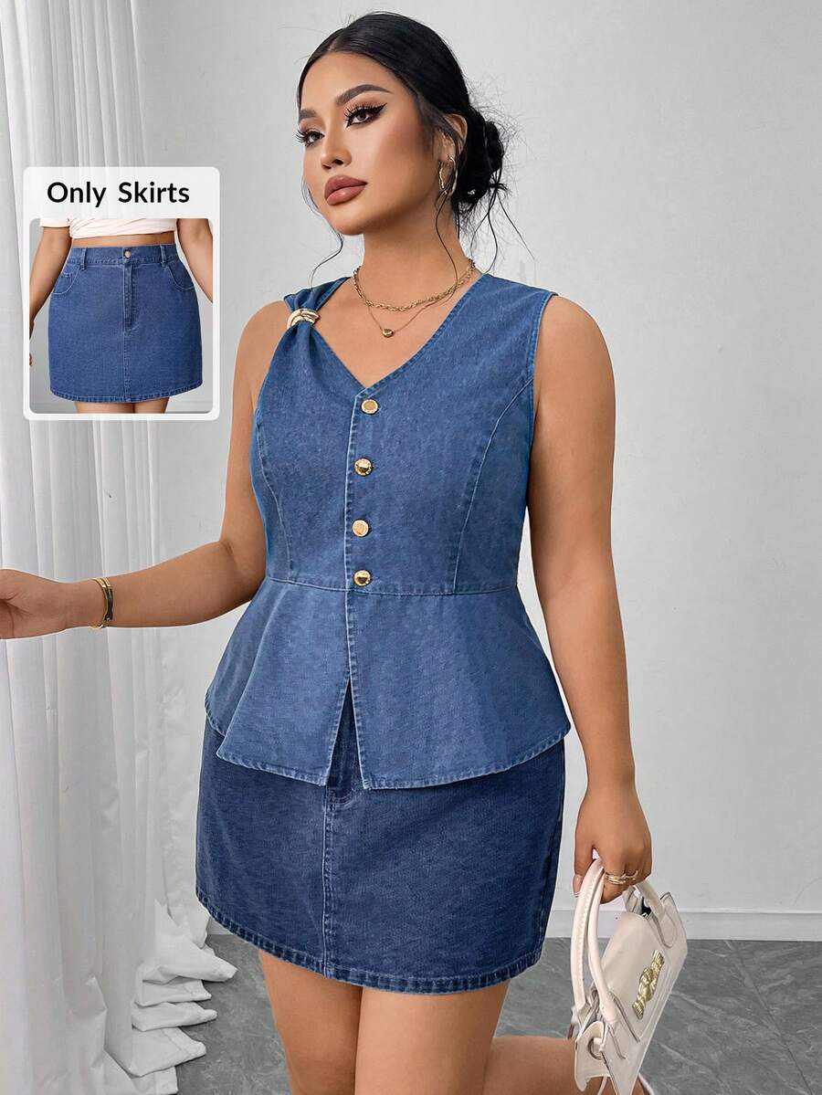 SHEIN Elenzya Minifalda de mezclilla sexy de cintura alta con bolsillos para mujer de talla grande - Azul - Ver 1