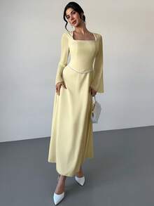 Firerie 女士优雅时尚收腰方领串珠喇叭袖A字长裙 - 淡黃色 - 查看 8