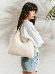 SHECARRY 女士单肩包、流浪包、草编包、流苏草编包，时尚、优雅、简约、个性化、百搭，适合海滩、度假、假日、夏季、海边、沙滩派对 - 米白色1 - 查看 6