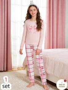 SHEIN Tween Girl Bow Print Long Sleeve Top And Plaid Leggings Pajama Set  Snug Fit Bow Pjs - Multicolor - View 12