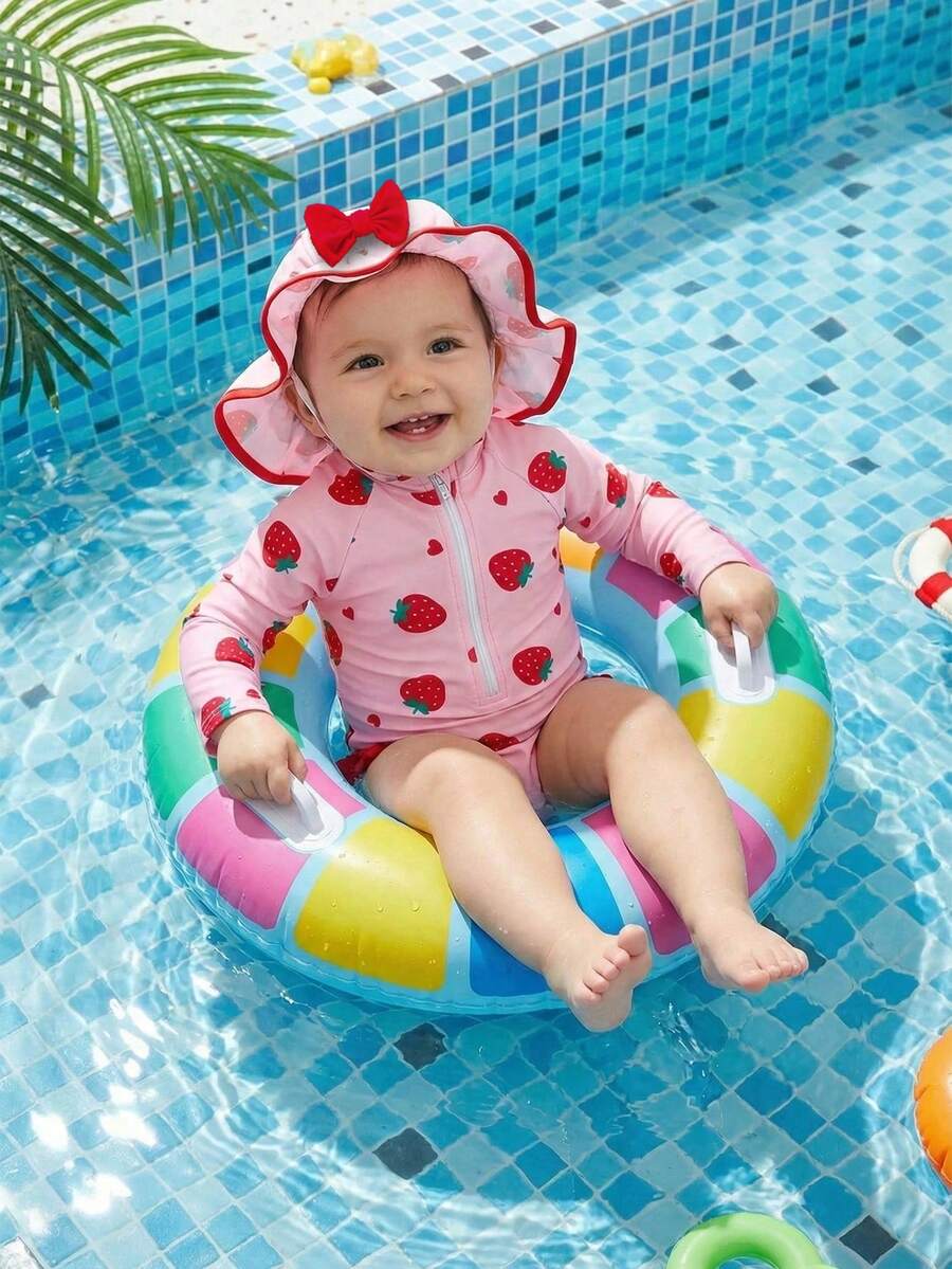 SHEIN Traje de baño de una pieza con estampado de fresa y gorro de natación, cómodo y casual para bebé niña - Multicolor - Ver 1