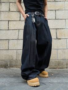 Manfinity EMRG 男士阔腿拼接牛仔裤 - 深色水洗藍 - 查看 5