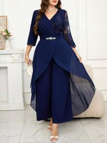 Reflora 大码女式拼接刺绣网纱V领七分袖阔腿优雅连体裤 - 藏蓝色 - 查看 8