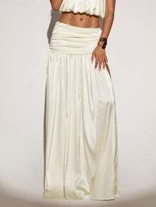 SHEIN ICON Women's High Slit Low Waist Ruched Waist Wedding Party Sexy Skirt - Beige - View 3