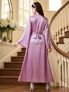 Al Najma Đầm maxi Thổ Nhĩ Kỳ dành cho nữ và áo abaya truyền thống Ả Rập. - Hồng - Xem 3