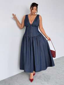 Firerie Đầm denim mùa hè cỡ lớn, kiểu dáng thường ngày, thắt eo phía trước. - Màu xanh lam - Xem 8